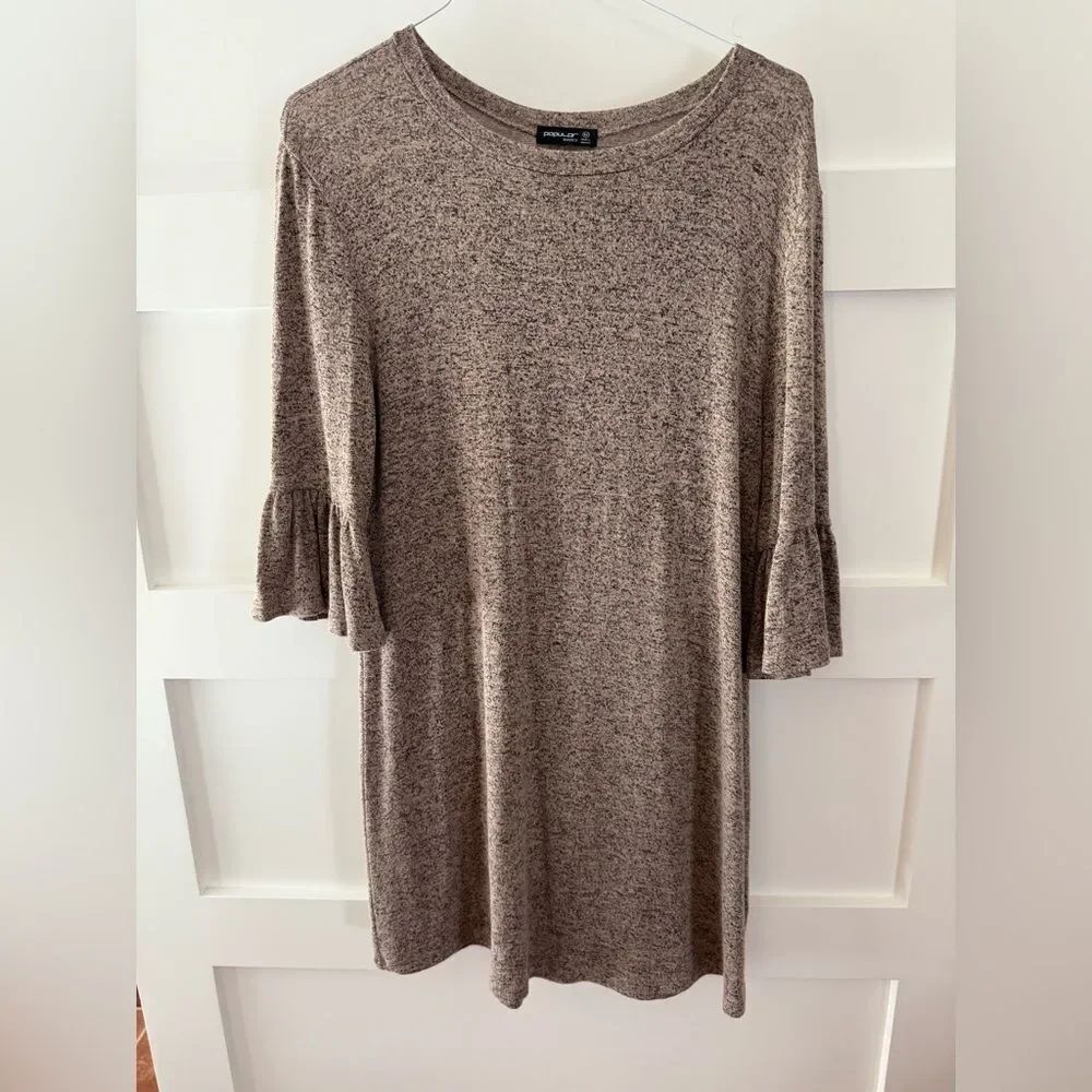 New Popular Basics thin sweater dress 3/4 ruffle sleeves pink heathered gray